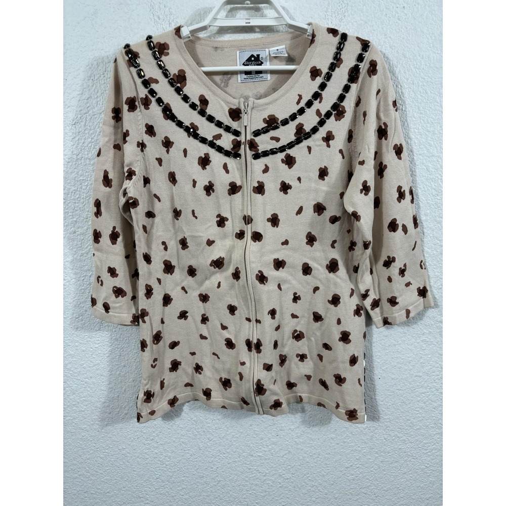 Storybook Knits Sweater Womens Medium Beige Brown Beaded‎ Zip Cardigan Top